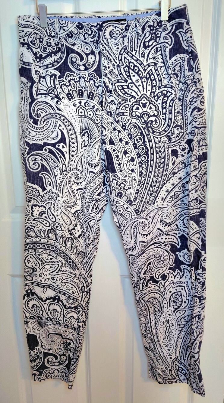 J.Crew Mens 100% Cotton Blue White Paisley Ikat Pattern Pants 34 Tailored Poplin